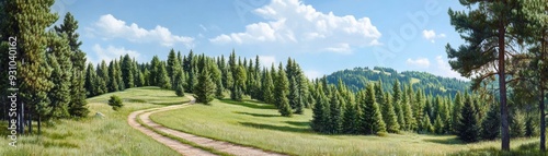 A serene landscape featuring a winding dirt path through lush greenery and towering trees under a bright blue sky.
