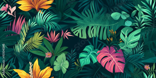 Wallpaper Mural Lush seamless pattern of dark green jungle leaves with vibrant flowers on a black background. Dramatic and rich design perfect for wallpaper and textiles. Torontodigital.ca