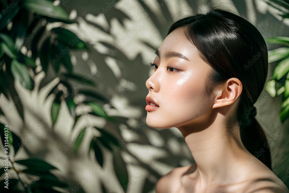 Skin care concept. Beautiful young asian woman model with beauty face and healthy facial skin portrait on leaves shadow background. Copy space Skin care concept. Beautiful young asian woman model with beauty face and healthy facial skin portrait on leaves shadow background. Copy space