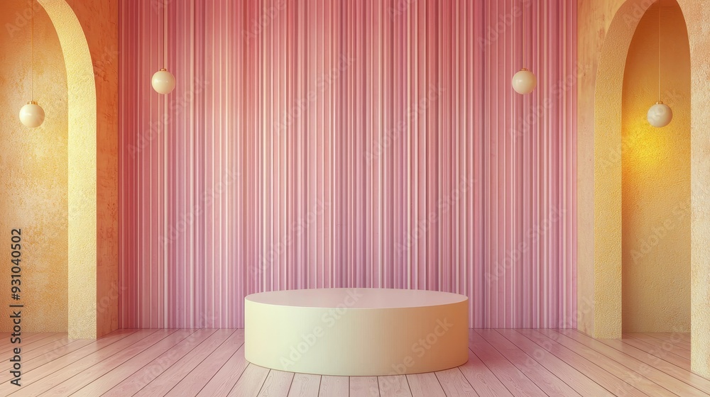 Minimalist Pink and Yellow Room with Podium and Arched Doorways Minimalist Pink and Yellow Room with Podium and Arched Doorways