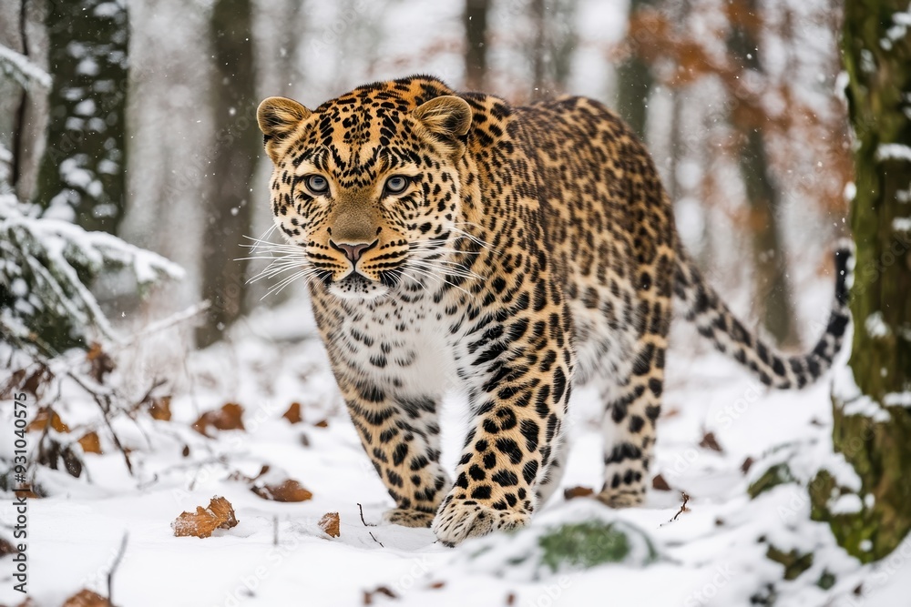 A stunning leopard prowling through a snowy forest, showcasing its beautiful coat and sharp gaze amidst the tranquil winter landscape. A stunning leopard prowling through a snowy forest, showcasing its beautiful coat and sharp gaze amidst the tranquil winter landscape.