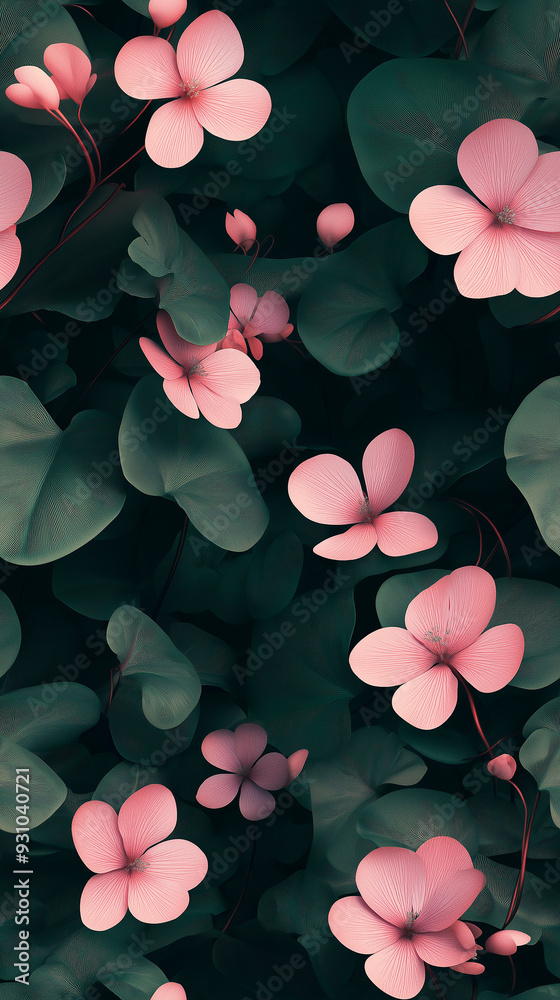 Delicate seamless pattern with soft pink flowers against a dark green leafy background. Perfect for romantic, elegant, or floral-themed designs. Delicate seamless pattern with soft pink flowers against a dark green leafy background. Perfect for romantic, elegant, or floral-themed designs.
