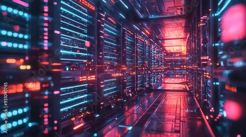 A futuristic server farm with endless rows of servers, each unit with blinking lights indicating constant data processing, AI-driven robots moving between the rows performing maintenance, and a