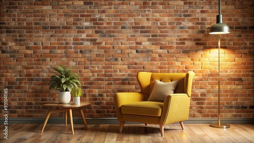Cozy living room with mustard yellow armchair, warm lighting, and exposed brick wall, Cozy