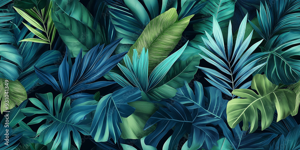 A seamless pattern of layered blue and green tropical leaves against a dark background, creating a lush and exotic vibe. A seamless pattern of layered blue and green tropical leaves against a dark background, creating a lush and exotic vibe.