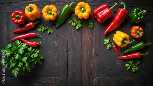 Fresh peppers including bell peppers and chili peppers with parsley leaves on a dark wooden background, 