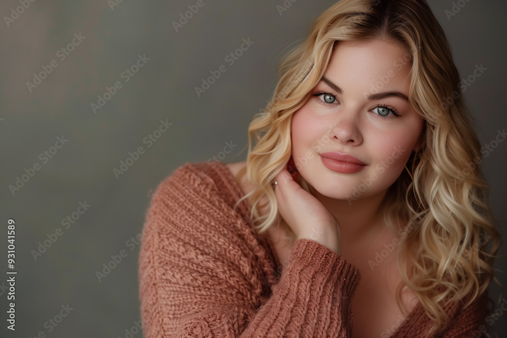 A confident plus-size blonde model posing in a studio for advertising purposes, showcasing diversity and body positivity. The image offers ample copy space for adding text or branding elements. A confident plus-size blonde model posing in a studio for advertising purposes, showcasing diversity and body positivity. The image offers ample copy space for adding text or branding elements.