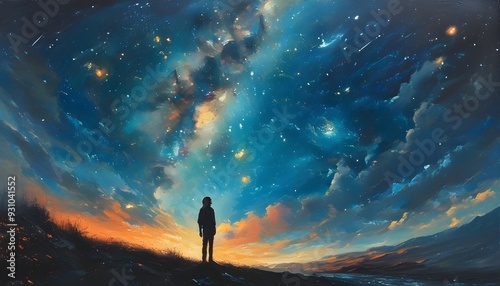 Under the starry sky, the lonely figure contrasts with the bright stars, showing the beautiful scenery of the vast universe.