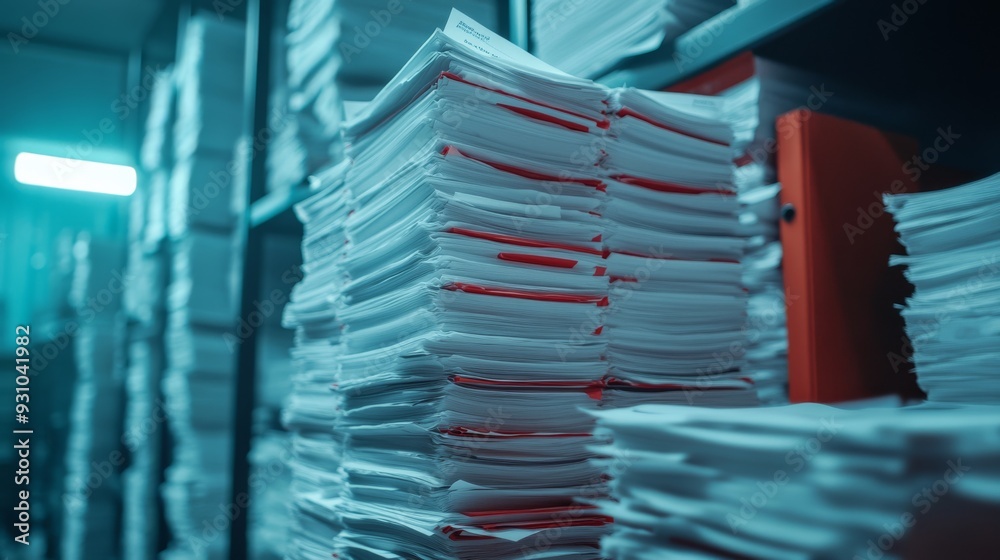A pile of papers, documents, or printed pages with a red string on top, set against an office work background A pile of papers, documents, or printed pages with a red string on top, set against an office work background