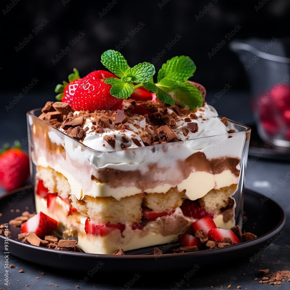 Tiramisu cake with strawberries and mint on a dark background