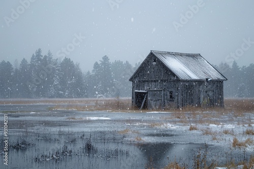 An isolated farmhouse rests in the damp meadows on an autumn day as snow falls thickly on the landscape and the aged structure. photo