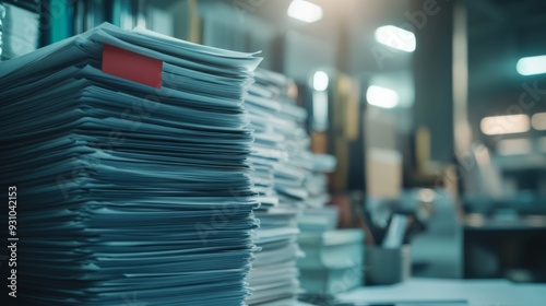 Wallpaper Mural A pile of papers, documents, or printed pages with a red string on top, set against an office work background Torontodigital.ca