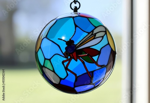 Stained Glass Cricket Ball Cricket ball depicted in a stained gl photo