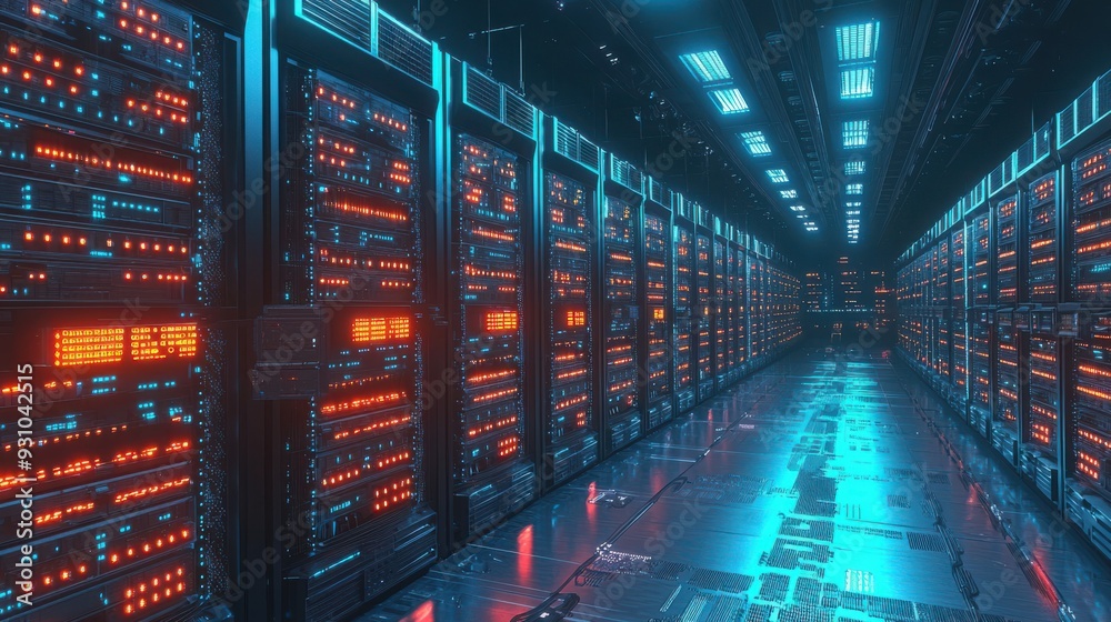 A futuristic server farm with endless rows of servers, each unit with blinking lights indicating constant data processing, AI-driven robots moving between the rows performing maintenance, and a A futuristic server farm with endless rows of servers, each unit with blinking lights indicating constant data processing, AI-driven robots moving between the rows performing maintenance, and a
