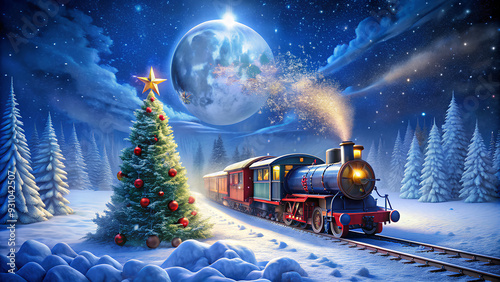 Christmas train traveling through a snowy cityscape. The scene should be filled with holiday decorations, twinkling lights, and a cozy, magical atmosphere