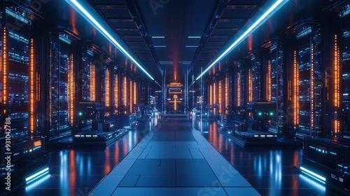 A cutting-edge data center with rows of sleek servers with blinking lights, AI-driven robots performing routine maintenance, a central command station monitoring data flows, and a group of engineers
