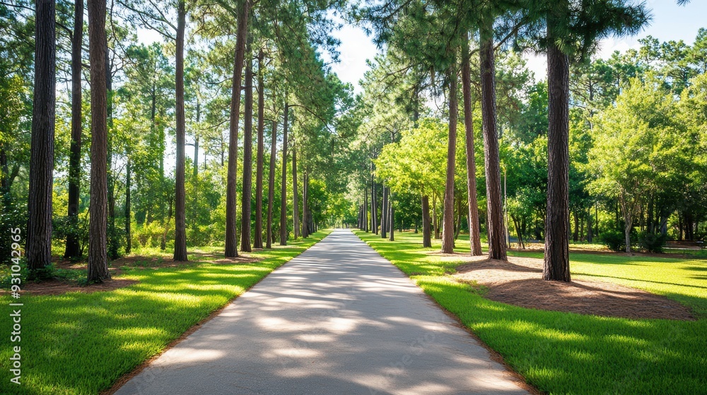 A serene pathway lined with tall trees, inviting exploration through lush greenery and dappled sunlight. A serene pathway lined with tall trees, inviting exploration through lush greenery and dappled sunlight.