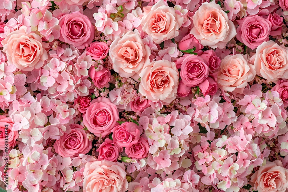 Beautiful background of pink roses and hydrangeas in a top view. A ...