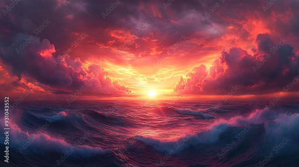 Obraz premium A panoramic view of the sea at sunset, where the sky is filled with dramatic, swirling clouds in shades of red, orange, and purple.