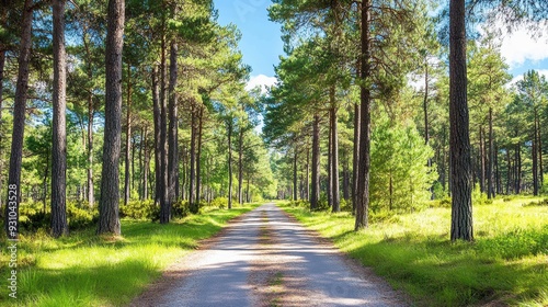 A serene pathway through a lush forest, framed by tall trees and vibrant greenery, inviting exploration and tranquil reflection.