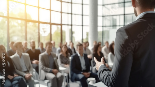 A business professional is presenting to an audience in front of them, giving a speech or presentation in a conference room. photo