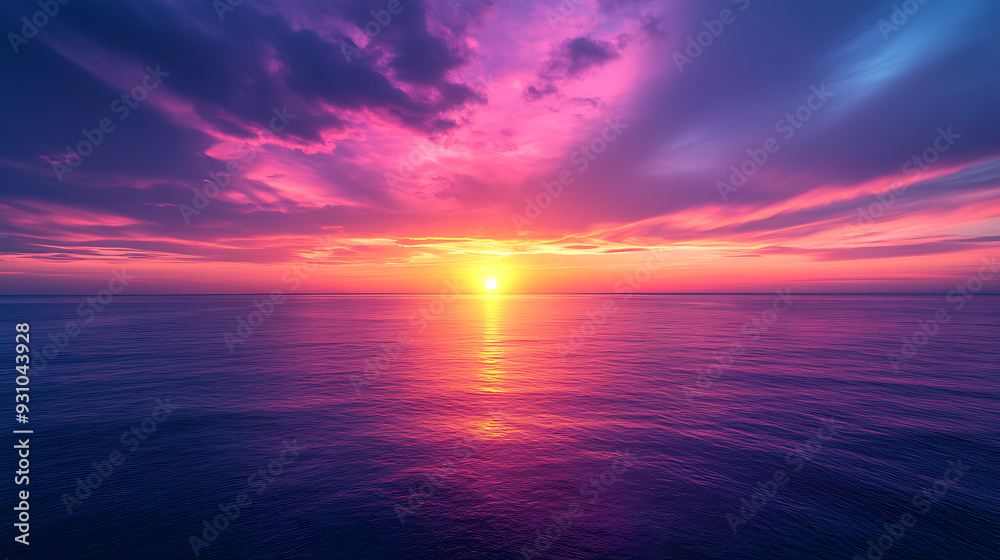 A peaceful sunset over a calm sea, where the sky is painted in deep, rich hues of magenta and violet. A peaceful sunset over a calm sea, where the sky is painted in deep, rich hues of magenta and violet.