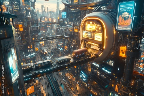 A futuristic city with flying vehicles, elevated walkways, and towering buildings.