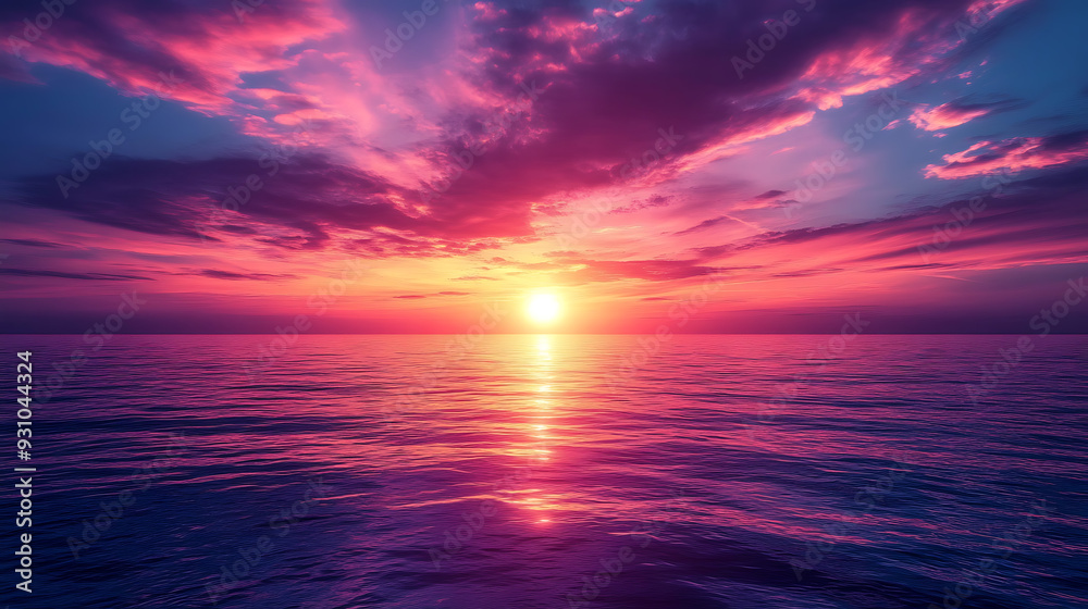 Obraz premium A peaceful sunset over a calm sea, where the sky is painted in deep, rich hues of magenta and violet.