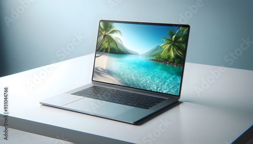 Computer notebook on table,  workspace featuring a modern laptop, coffee cups