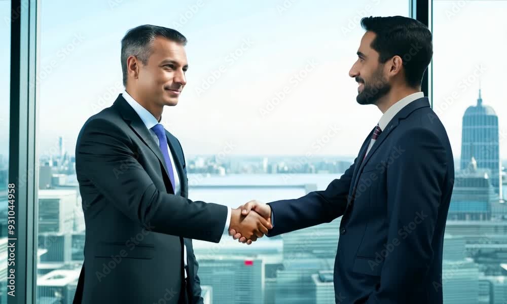 Sealing the Deal Above the Skyline: Two sharply dressed businessmen solidify their agreement with a firm handshake, a panoramic city view underscoring their ambition. Sealing the Deal Above the Skyline: Two sharply dressed businessmen solidify their agreement with a firm handshake, a panoramic city view underscoring their ambition.