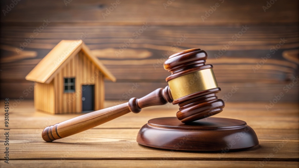 Legal gavel and wooden house on table, representing justice and property, law, legal system, court, judge, judgment, property