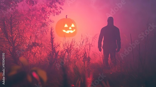 Mysterious figure stands in foggy woods, illuminated by a glowing Halloween pumpkin, creating an eerie autumn atmosphere. photo