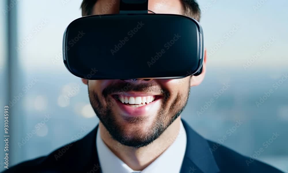 Immersed in Innovation: A businessman experiences the future of business with a VR headset, his infectious smile reflecting the excitement of virtual reality's potential. Immersed in Innovation: A businessman experiences the future of business with a VR headset, his infectious smile reflecting the excitement of virtual reality's potential.