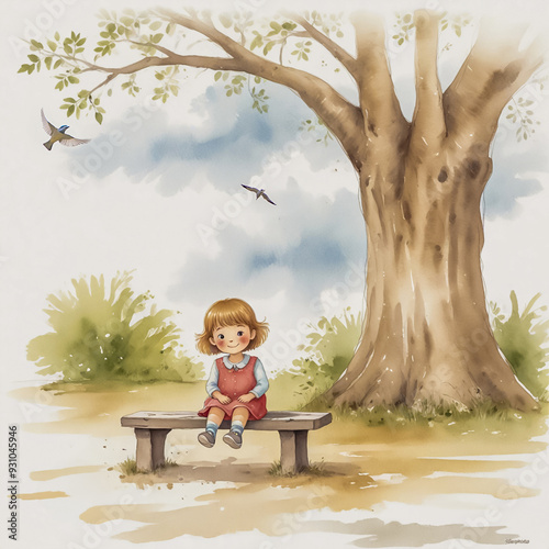 Imagine a heartwarming scene of an adorable little girl sitting on a wooden bench beneath a sprawling tree. She has curly hair adorned with a bright flower crown, and her joyful smile innocence photo