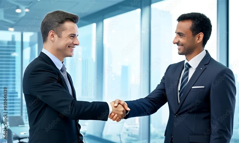 Sealing the Deal with a Handshake: Two businessmen in sharp suits finalize a successful agreement, their smiles reflecting the promise of a fruitful partnership. Sealing the Deal with a Handshake: Two businessmen in sharp suits finalize a successful agreement, their smiles reflecting the promise of a fruitful partnership.