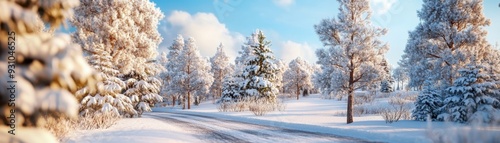 A serene winter landscape featuring snow-covered trees and a clear blue sky, perfect for capturing the beauty of the season.