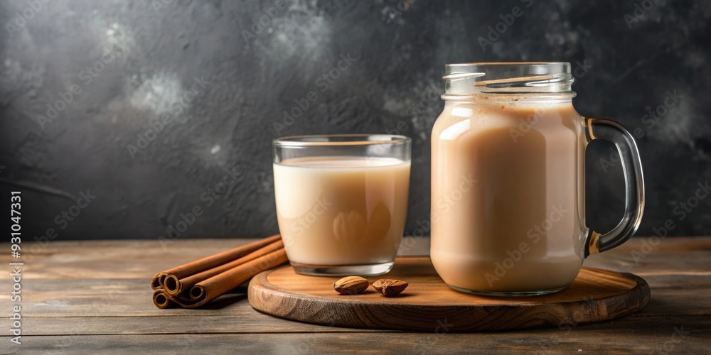 Jarra y vaso con refrescante agua de horchata , jarra, vaso, horchata, bebida, refresco, mexicana, tradicional, fresca