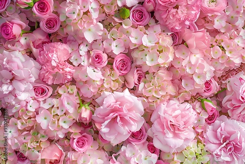 Beautiful background of pink roses and hydrangeas in a top view. A floral pattern with many pink rose flowers, A romantic wedding backdrop, wedding decor, wall mural, wallpaper or digital paper.