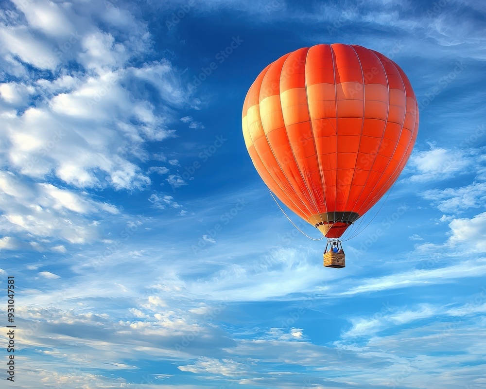 Naklejka premium A vibrant orange hot air balloon soaring through a clear blue sky with fluffy white clouds, evoking a sense of adventure and freedom.