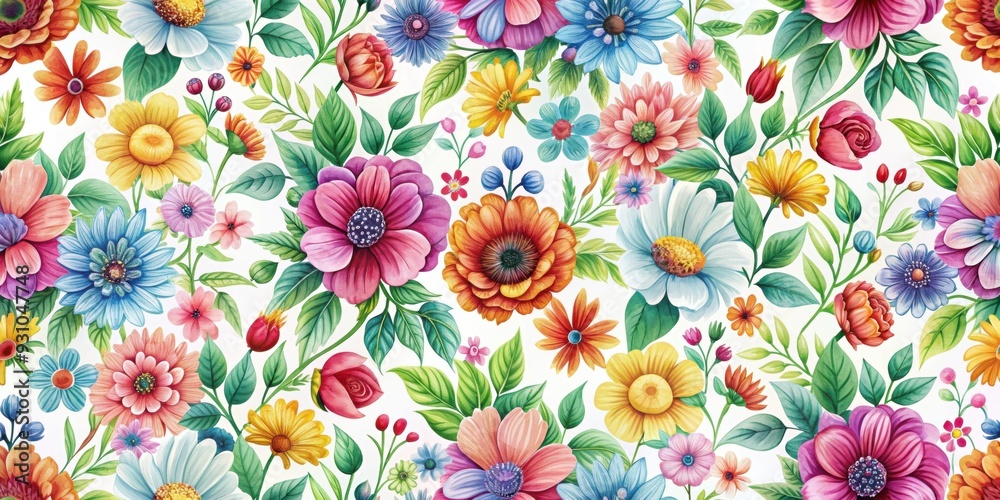 Beautiful seamless pattern with colorful flowers on a white background, floral, vibrant, garden, nature, blooming