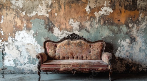 An ornate couch, beautifully placed against walls with peeling paint, evokes a deep sense of nostalgia and embodies timeless elegance and charm in this classic, characterfilled historic setting photo