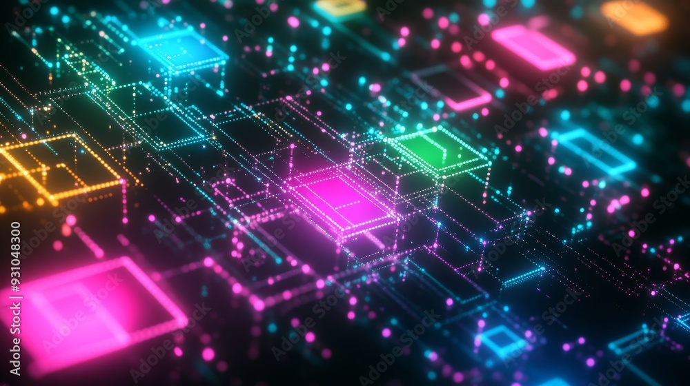 A digital background with colorful neon squares and circuit patterns A digital background with colorful neon squares and circuit patterns