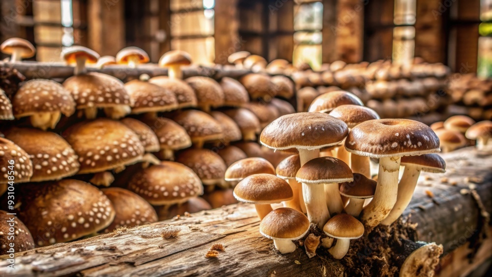 Shiitake mushrooms growing from logs on a mushroom farm, shiitake, mushrooms, logs, growth, farm, organic, agriculture, cultivation Shiitake mushrooms growing from logs on a mushroom farm, shiitake, mushrooms, logs, growth, farm, organic, agriculture, cultivation