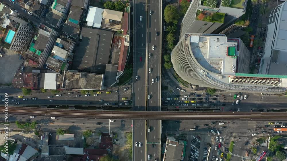 sunny day flight over bangkok city center traffic street road aerial topdown panorama 4k thailand