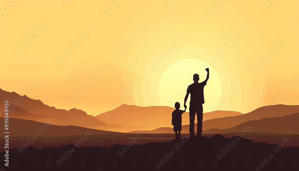 Silhouette of a father and son standing on a hilltop at sunset Silhouette of a father and son standing on a hilltop at sunset