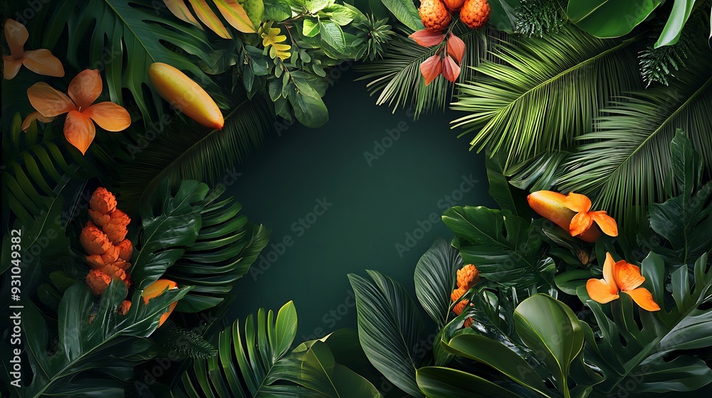 A vibrant display of lush green tropical foliage, adorned with bursts of orange flowers, fruit, and blossoms, creates a captivating frame against a deep green background.