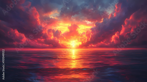 A vibrant sunset scene where the sky is ablaze with fiery oranges and pinks.