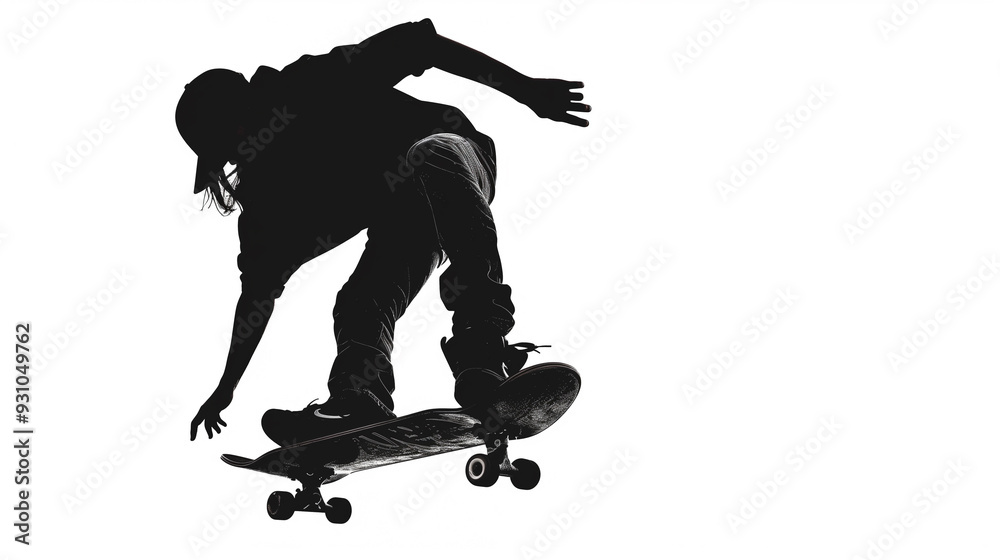 Silhouette of a skateboarder mid-air performing a trick on a white background Silhouette of a skateboarder mid-air performing a trick on a white background
