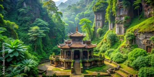 Fototapeta Naklejka Na Ścianę i Meble -  Lost temple hidden in lush jungle of Vietnam, Vietnam, lost temple, ancient, mysterious, ruins, jungle, exploration
