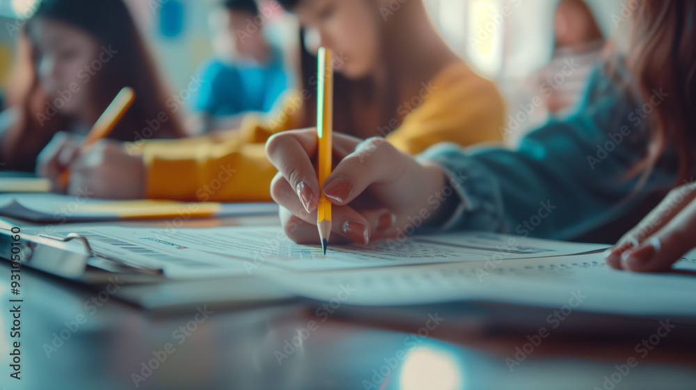 Obraz premium Students taking an exam in a classroom with focus on writing hand